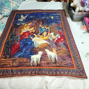 HANDCRAFTED CHRISTMAS NATIVITY WALL QUILT HANGING PIECE WITH RINGS